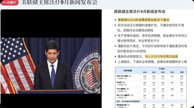 A news broadcast screenshot shows Federal Reserve Chair Jerome Powell at a podium, with Chinese text identifying the event as '美联储主席沃什9月新闻发布会' (Fed Chair Powell's September press conference), alongside an economic summary and projection table.