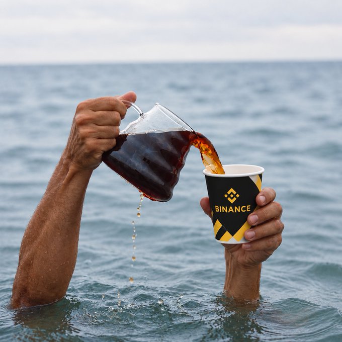 The image shows a person standing in the ocean, pouring a dark liquid (coffee) from a glass carafe into a cup labeled "BINANCE" (featuring the cryptocurrency exchange's logo) while keeping the rest of their body submerged underwater—visually illustrating the post's "Powered by Coffee" theme as a metaphor for barely staying afloat through caffeine dependence.