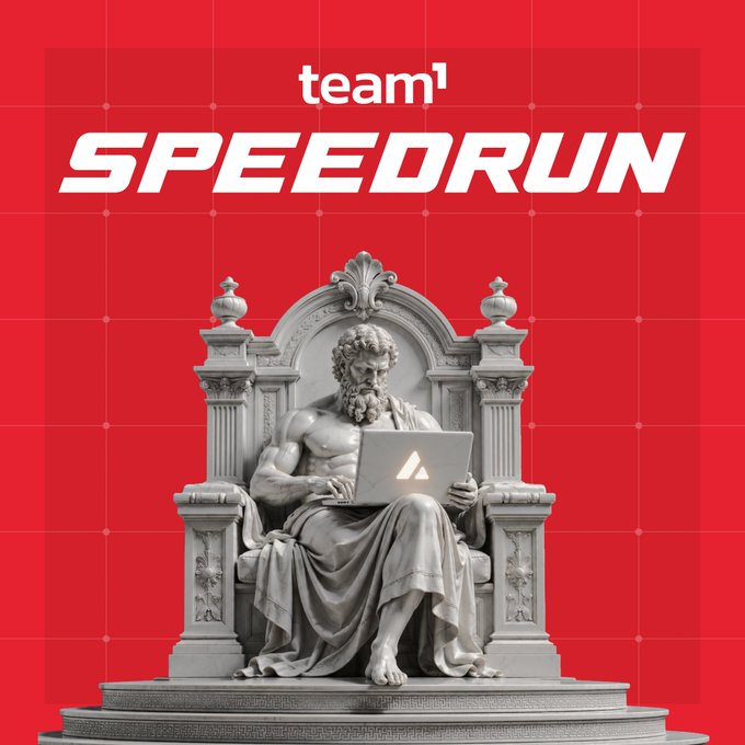 A Team1 SPEEDRUN promotional image featuring a classical marble statue of a Greek god holding a laptop with the company's logo, set against a red grid background.