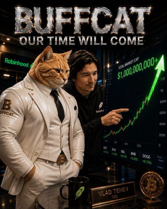 A promotional image titled 'BUFFCAT - OUR TIME WILL COME' featuring an anthropomorphic orange cat in a white suit alongside Vlad Tenev (CEO), pointing at a Robinhood stock chart showing a total market cap of $1,000,000,000+ with an upward green arrow, displaying tickers like BTC, ETH, SOL, BNB, and DOGE.