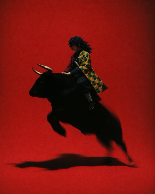 An anime-style illustration of a character with long dark hair riding a black bull against a solid red background.