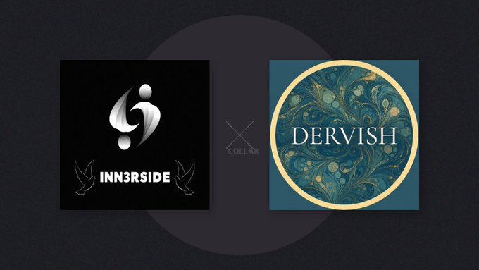 The image features two logos, one for "INN3RSIDE" and another for "dervish", both of which are related to a collaboration between the artists @VidarBtc and @dervisheth Born from urnside. The logos display a circular design with a bird in flight above it, symbolizing freedom and creativity. The text on the logos indicates that every token is an unrepeatable marbling moment, which means that each token has its own unique value and cannot be replicated by anyone else. This collaboration aims to celebrate the fusion of art forms and ideas through digital currency.