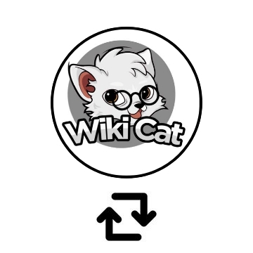 The image shows a circular logo featuring a white cartoon cat with large eyes and its tongue sticking out, labeled "Wiki Cat" in bold text, with a circular refresh/exchange icon beneath it—symbolizing a choice or swap between two memecoins ($WKC vs. $BABYDOGE) as posed in the post.