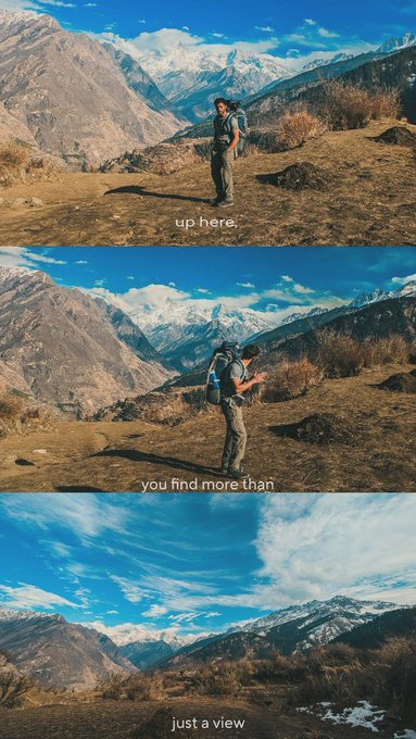 The image shows a man standing at the top of a mountain, wearing a backpack and looking out over the landscape. The photo captures him from three different angles, providing a unique perspective on his surroundings. The caption below the image reads "Just a view".