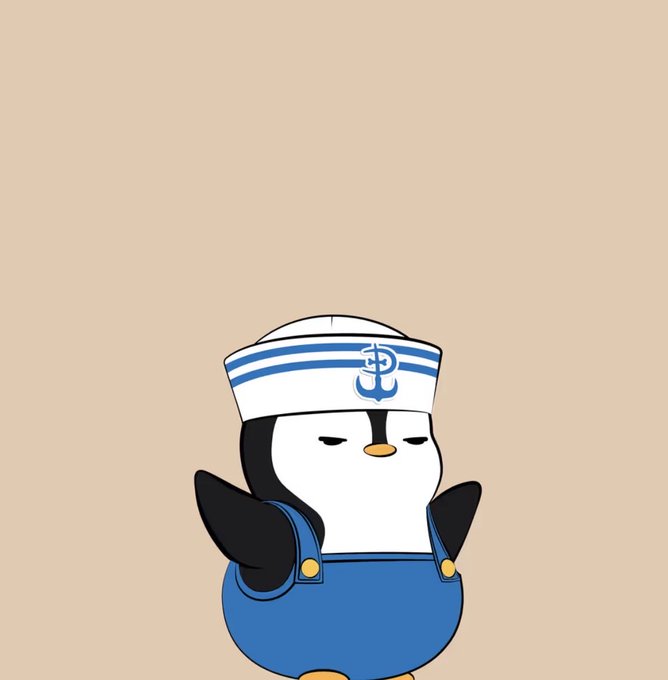 A cartoon penguin wearing a sailor's hat with an anchor emblem and blue overalls, set against a beige background.