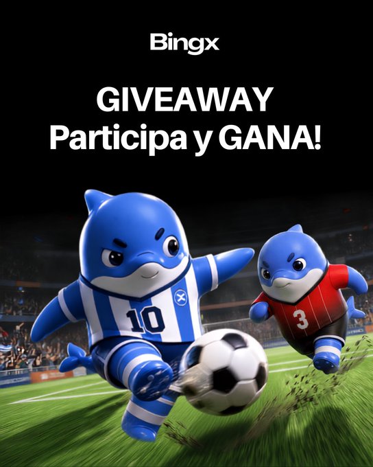 A BingX promotional graphic for a 'GIVEAWAY - Participa y GANA!' featuring two cartoon dolphin mascots in soccer jerseys (numbers 10 and 3) playing soccer on a green field with a stadium backdrop.