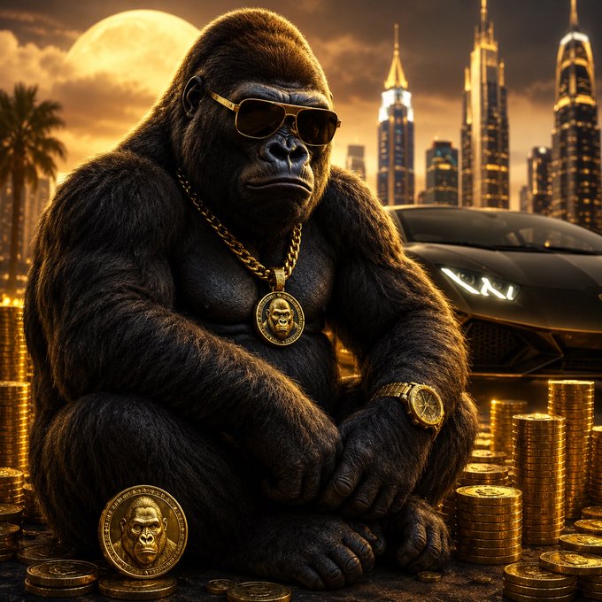A stylized AI-generated image of a gorilla wearing sunglasses and gold chains, sitting in front of a luxury car and a city skyline at night, surrounded by stacks of gold coins and a large medallion featuring its face.