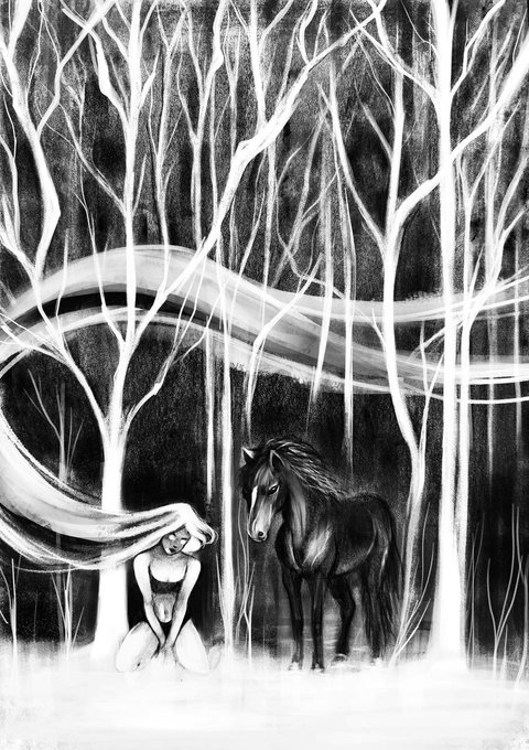 A monochromatic charcoal drawing depicts a woman with long flowing hair kneeling in a dark, leafless forest alongside a black horse, with ethereal white wisps swirling through the bare trees. The artwork matches the "WIP" (work in progress) description from the charcoal collection listing, showcasing the unfinished, dreamlike quality typical of an in-progress piece being offered for sale.