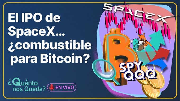 The image features a poster with a blue background that displays various elements related to Bitcoin and space exploration. The poster includes text, such as "El Ipo de Espacio...Computable para Bitcoin?" and "Spaceship X...". There are also images of coins and rockets on the poster, which further emphasize the connection between Bitcoin and space exploration. The post appears to be a discussion about the relationship between Bitcoin and the major U.S. indices, as well as the impact of SpaceX on the cryptocurrency market.