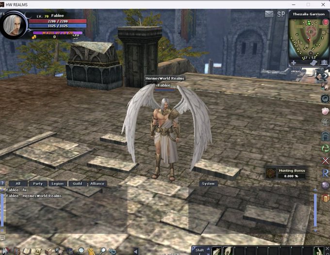 A screenshot from an MMORPG shows a character named 'Fablee' with large white angel wings standing on a stone platform, displaying UI elements including 'HW REALMS' and 'Thessaba Garrison'.