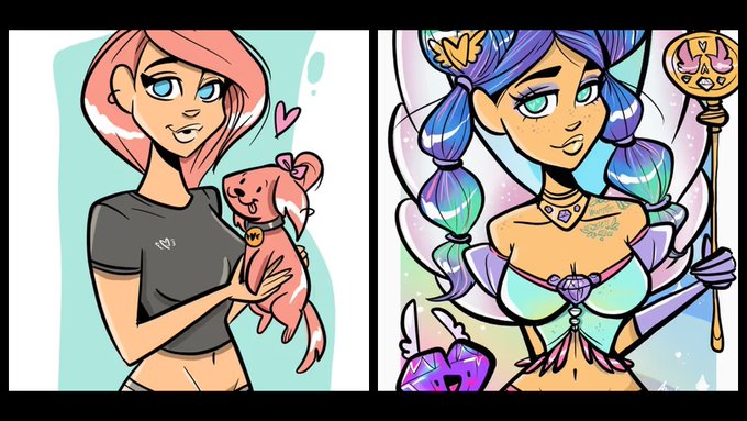 A split-panel cartoon illustration showing a pink-haired girl holding a dog on the left, and a blue and purple-haired mermaid-like character with a staff on the right.