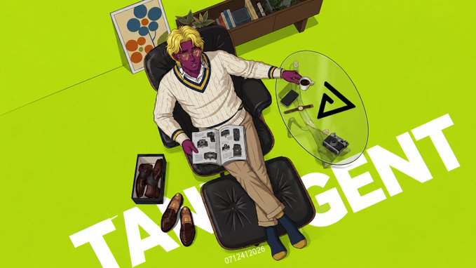 An illustration of a disheveled purple-skinned character sitting in a black leather chair holding a coffee cup and reading a magazine, with a glass table and 'TANGENT' text overlay on a green background.