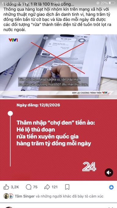 A Vietnamese news screenshot dated 12/8/2026 about a transnational money laundering scheme ('Thám nhập "chợ đen" tiền ảo: Hệ lố thủ đoạn rửa tiền xuyên quốc gia hàng trăm tỷ đồng mỗi ngày') with 3.2K likes.