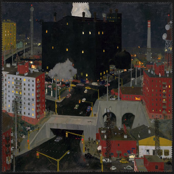 A painted nighttime cityscape depicting an industrial urban area with illuminated red and white apartment buildings, a large dark structure, streets with cars, and a tunnel entrance with arched openings.