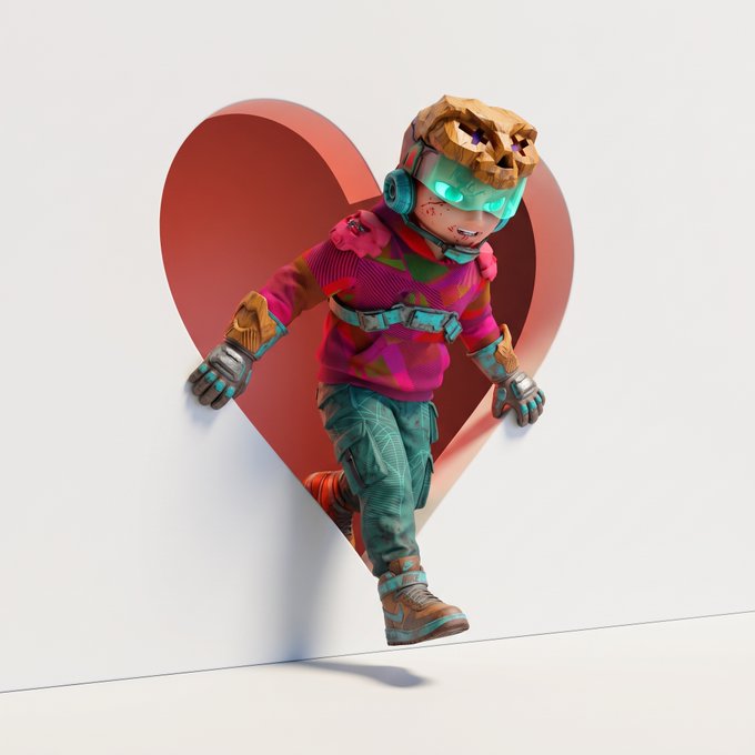 A 3D-rendered character wearing a pink sweater, teal pants, a futuristic visor, and a lion-themed helmet running out of a large pink heart shape.