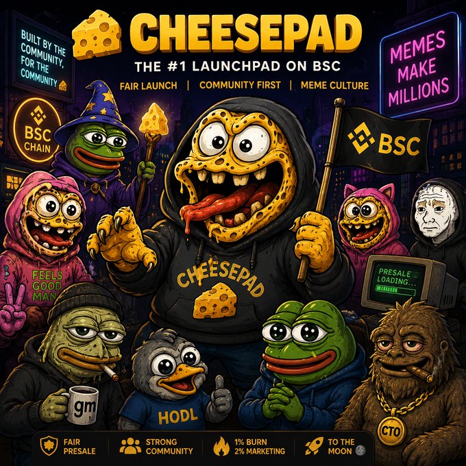 A vibrant meme-style promotional image for 'CHEESEPAD,' billed as 'THE #1 LAUNCHPAD ON BSC,' featuring various cartoon characters including Pepe the Frog and a central cheese-headed figure, with banners for 'FAIR LAUNCH' and 'MEMES MAKE MILLIONS.'