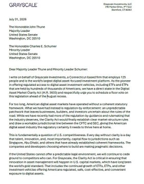 A July 31, 2026 letter from Grayscale's CEO, written on official Grayscale Investments LLC letterhead, addressed to Majority Leader John Thune and Minority Leader Chuck Schumer, urging the Senate to pass the Digital Asset Market Clarity Act (CLARITY Act).
