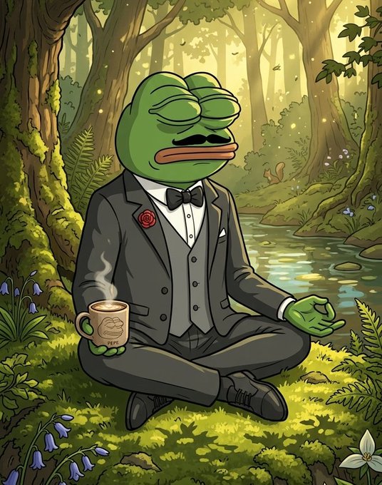 A distinguished Pepe the Frog in a tuxedo meditates peacefully in a lush forest while holding a steaming coffee mug, symbolizing a calm and productive start to the day. The serene setting visually reinforces the post's message about consistent progress and steady foundational building, much like a quiet moment of focus before tackling meaningful work.