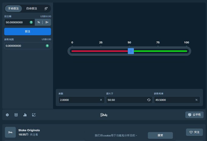 A screenshot of the Stake.com dice betting interface shows a manual bet of US$50.00 with a win condition set to roll greater than 50.50, offering a 49.50% win chance, reinforcing the post's claim about the platform's polished and immersive casino experience.