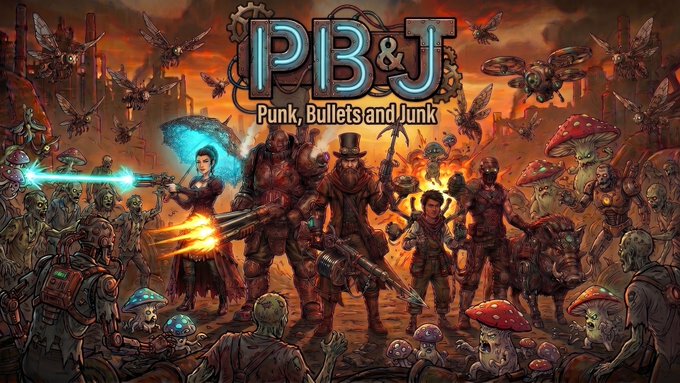 Promotional artwork for "PB&J: Punk, Bullets and Junk" featuring a steampunk-style cast of gun-wielding characters—including a top-hatted gunslinger and a sorceress—battling grotesque creatures like giant mushrooms and zombies in a fiery, apocalyptic wasteland, matching the post's announcement of the game's live demo.