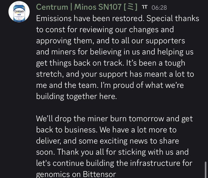 A screenshot of a Centrum | Minos SN107 announcement says that emissions have been restored, credits const for reviewing the changes, and a miner burn is planned for tomorrow.