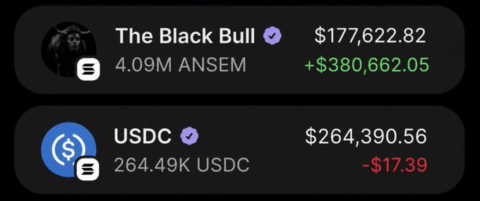 The image shows a portfolio screenshot displaying two assets: "The Black Bull" with a balance of 4.09M ANSEM ($177,622.82, +$380,662.05 in green gains) and USDC with 264.49K USDC ($264,390.56, -$17.39 in red). This visually supports the post's claim of making over $150,000 on $ANSEM, as the screenshot highlights a substantial six-figure gain of $380,662.05 on the ANSEM holding, backing up the celebratory tone of gifting followers.