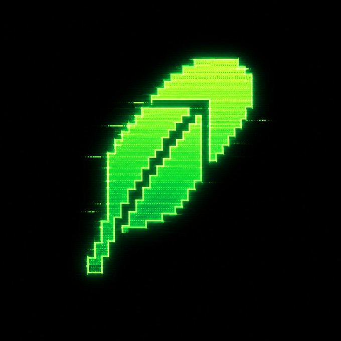 A glowing green pixel-art lightning bolt with a digital, glitch-like texture set against a black background.