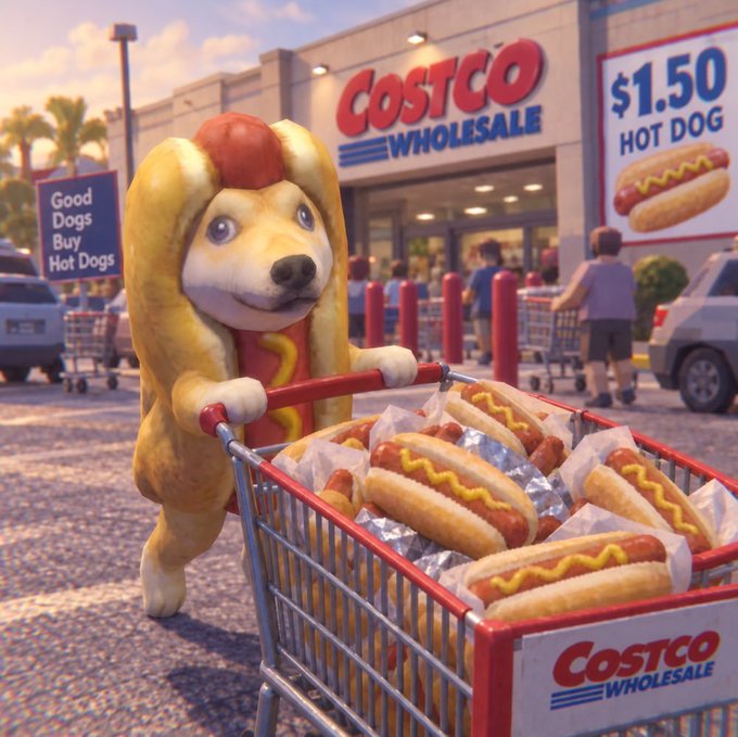 A Costco mascot dog wearing a hot dog costume pushes a shopping cart full of hot dogs outside a Costco store, with signs advertising '$1.50 HOT DOG' and 'Good Dogs Buy Hot Dogs'.