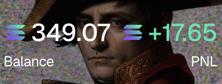 A dashboard widget showing a Solana (SOL) balance of 349.07 with a PNL of +17.65, overlaid on a background image of a man in a historical military uniform (resembling Napoleon).