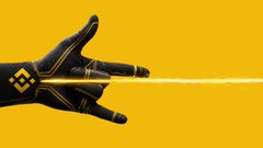 A gloved hand wearing a Binance logo emitting a golden laser beam against a solid yellow background.