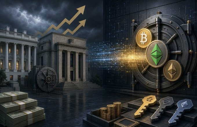 A digital artwork depicting a bank vault with Bitcoin, Ethereum, and other cryptocurrency coins alongside stacks of cash, gold bars, and keys, with an upward trending arrow above a classical building.