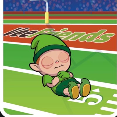 A cartoon character with green hair and a green outfit sleeping on a football field with 'New Friends' written in the background.