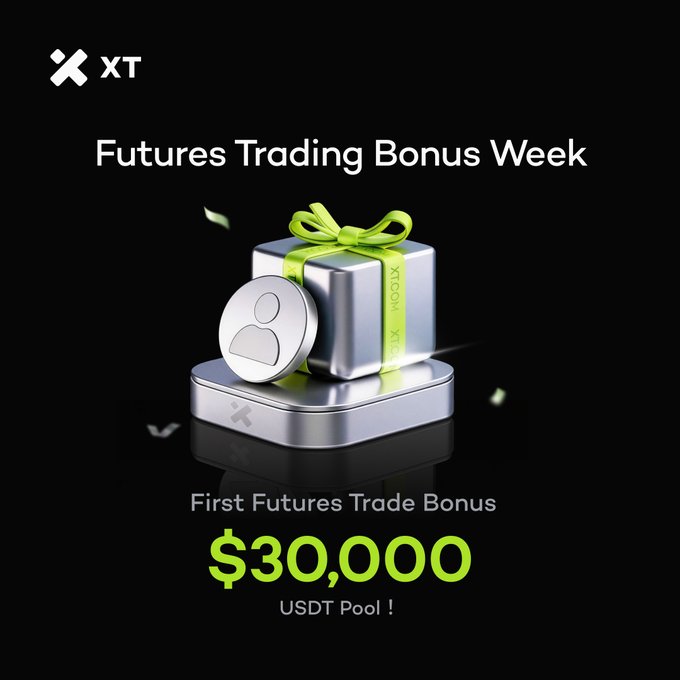 A promotional graphic for XT.com's "Futures Trading Bonus Week" features a silver gift box tied with a green "BONUS" ribbon, sitting atop a silver platform with a user icon, against a black background. The ad highlights a "First Futures Trade Bonus" from a "$30,000 USDT Pool," visually reinforcing the post's message that new and active futures traders can earn rewards by completing simple trading tasks.