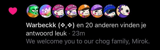 A social media screenshot showing "Warbeckk" and 20 others liking a post from "chog family" that welcomes "Mirok" with the message "We welcome you to our chog family, Mirok." The "chog community check-in" caption relates to the image as it highlights a new member being welcomed into the chog community, exemplifying the strong sense of belonging and engagement within the group.