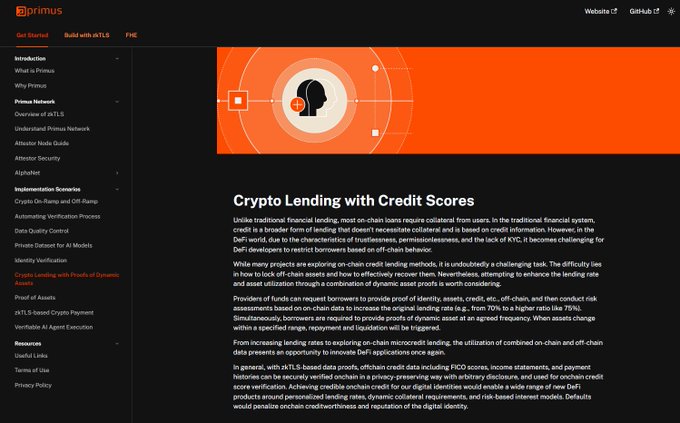 A screenshot of the Primus documentation page about 'Crypto Lending with Credit Scores', explaining on-chain credit methodologies.