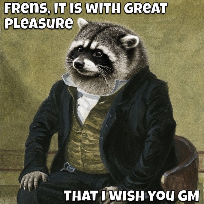 A meme featuring a raccoon digitally placed onto a vintage portrait of a gentleman in 19th-century attire, with text reading 'FRENS, IT IS WITH GREAT PLEASURE THAT I WISH YOU GM'.