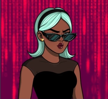 A cartoon illustration of a woman with mint green hair, a black headband, sunglasses, and a black sleeveless top, set against a magenta background with vertical light streaks.