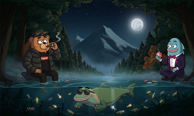 A surreal cartoon scene set at night by a moonlit lake, featuring a bear in a black jacket smoking a cigar with a 'Suprem' shirt, a fish wearing sunglasses and a gold chain, and a blue creature in a tuxedo holding a donut.