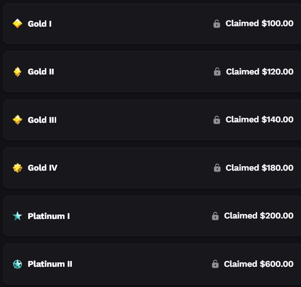 The image shows a list of five different types of gold coins, including "gold 1", "gold 2", "gold 3", and "gold 4". These coins are displayed against a black background and listed along with their prices in dollars and cents. The text on the image reads "gold I", "gold II", and "gold III" but does not provide additional information about these coins. Additionally, there is a caption below the image that reads "I know I'm partnered with @degencom - this rank up bonus is crazy good". This implies that the coins in the image are being used to support a gaming platform or platform for gaming achievements.