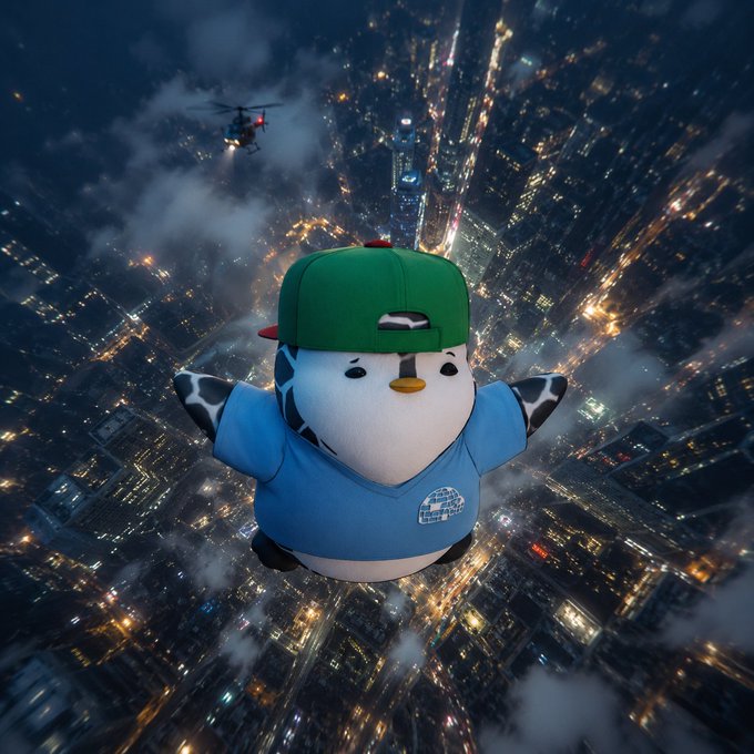 A penguin mascot wearing a green cap and blue hoodie appears to fall through the air over a sprawling nighttime cityscape, with a helicopter visible in the distance.