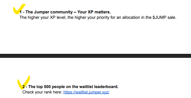 Informational text stating 'The Jumper community – Your XP matters. The higher your XP level, the higher your priority for an allocation in the $JUMP sale' and 'The top 500 people on the waitlist leaderboard. Check your rank here: https://waitlist.jumper.xyz/'.