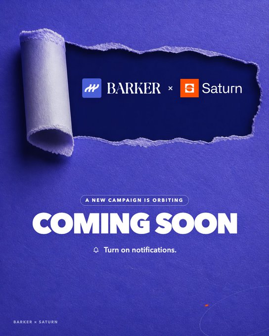 A 'COMING SOON' promotional graphic for 'BARKER x Saturn' featuring a torn paper effect revealing logos on a blue textured background.