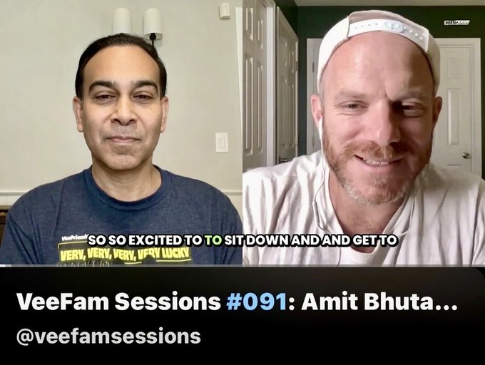 A YouTube thumbnail for 'VeeFam Sessions #091: Amit Bhuta...' featuring two men on a video call, with text overlay reading 'SO SO EXCITED TO SIT DOWN AND AND GET TO' and the username @veefamsessions.