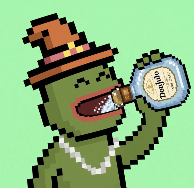 A pixel art illustration features Pepe the Frog wearing a brown pilgrim-style hat and white necklace, gleefully chugging from a bottle of Don Julio 1942 Tequila Reserva against a light green background, fitting the "Happy Thirsty Thursday" post with a playful twist.