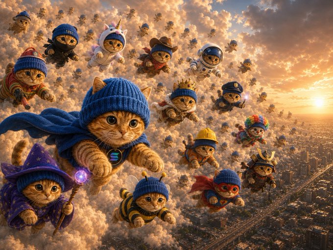 A whimsical illustration of cats dressed as superheroes flying through clouds above a city at sunset.