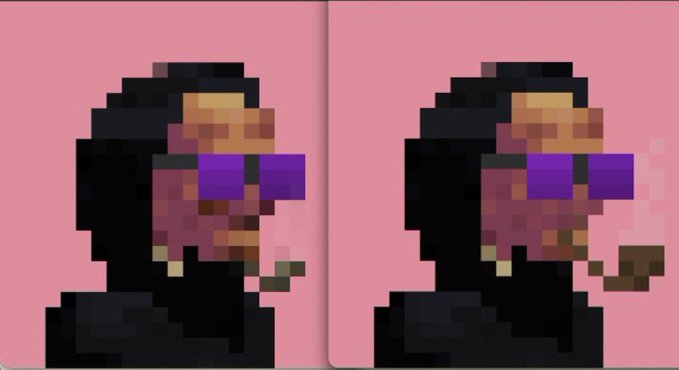 Two identical pixel-art portraits show a stylized figure with a dark silhouette, purple sunglasses, and a yellow headpiece against a pink background.