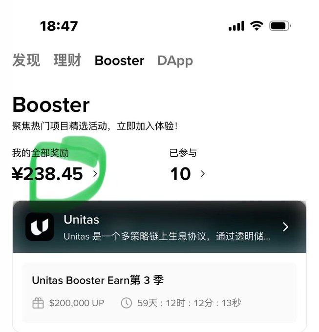 A screenshot from the Booster section of a financial app shows total rewards of ¥238.45 (circled in green) from 10 participated events, including "Unitas Booster Earn Season 3" with a $200,000 UP prize pool. The image illustrates the reward claim page referenced in the post, where users can navigate to "Discover" > "Booster" > "All My Rewards" to batch claim their ST token earnings from Sentio Booster events.