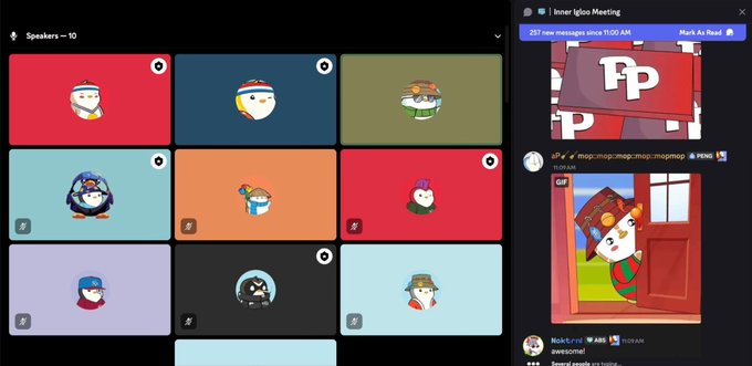 Screenshot of a virtual meeting platform showing penguin and animal avatars arranged in a grid, with a chat panel on the right labeled 'Inner Igloo Meeting' displaying 257 new messages and user posts.