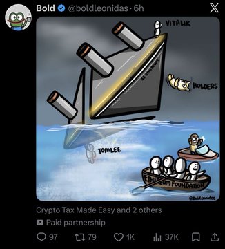 The image features a cartoon depiction of a shipwreck, with a large ship that has been split into two parts by a giant wave. A small boat is seen floating nearby, carrying several people who appear to be stranded or trying to save the ship. The caption on the image reads "BOLD @bodleonsidas #vitalik".