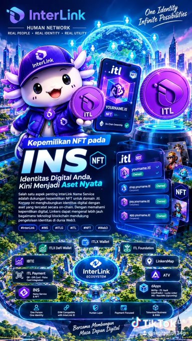 A promotional infographic for "InterLink" featuring a mascot, text "One Identity, Infinite Possibilities", "Kepemilikan NFT pada INS NFT", and an ecosystem diagram with a TikTok watermark.